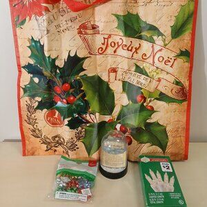 Christmas item bundle - tote, lights and bows (NIB) and DIY snow globe